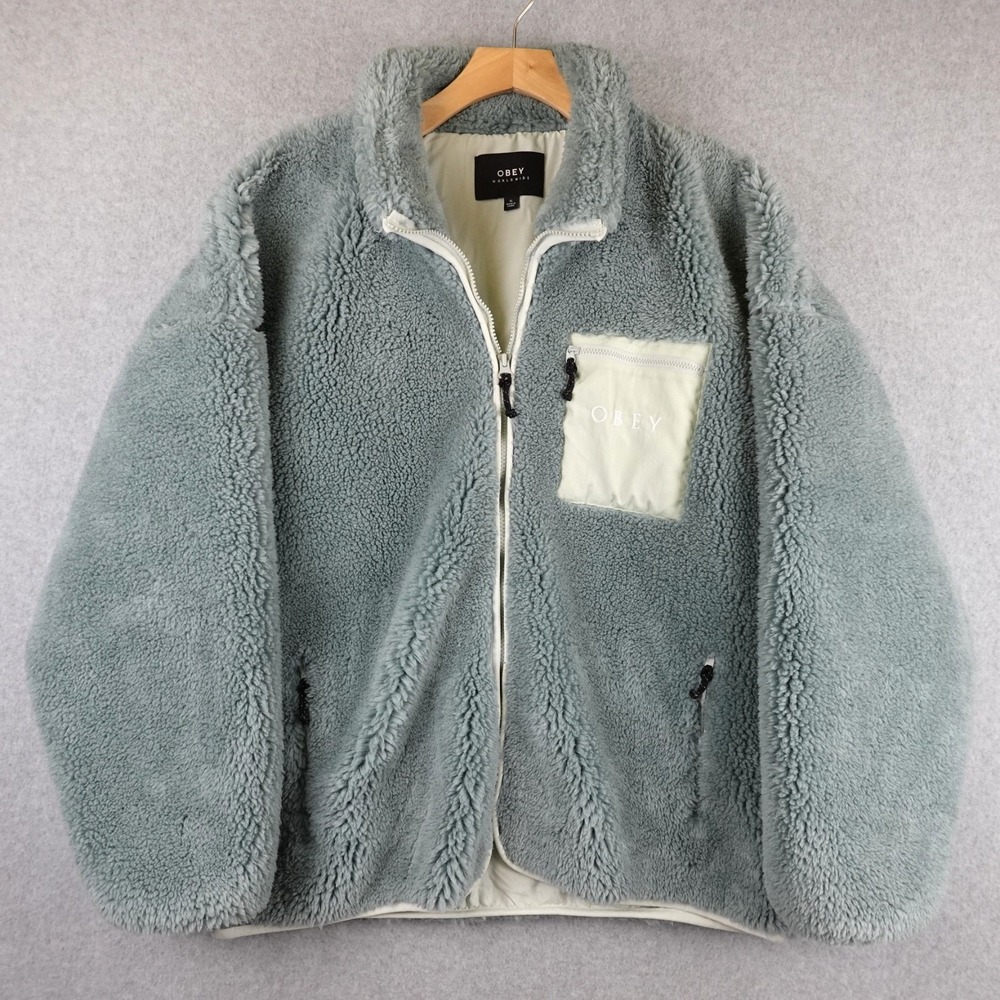 Obey Mesa Sherpa Jacket Womens XL Mineral Blue Full Zip Deep Pile Cozy Outdoor